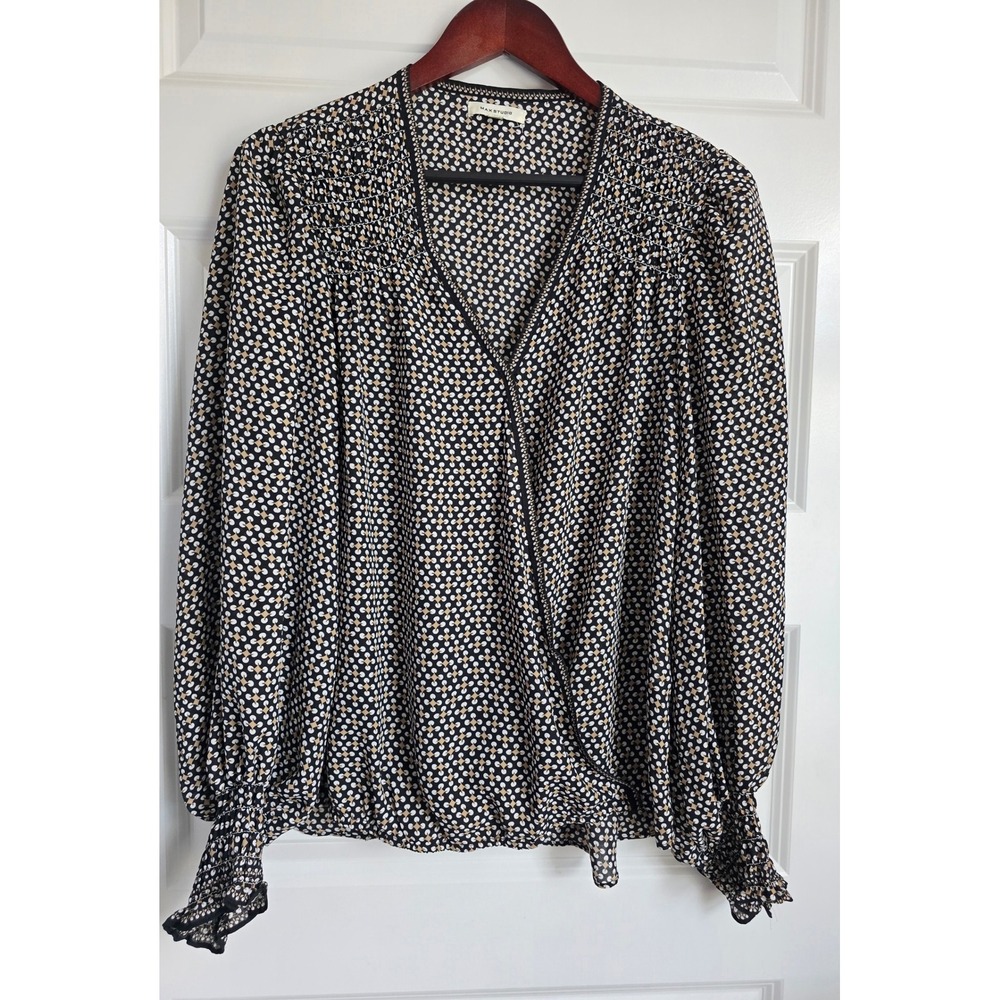 Max Studio Women Black Geometric Faux Wrap Blouse Smocked Long Sleeve Top Large